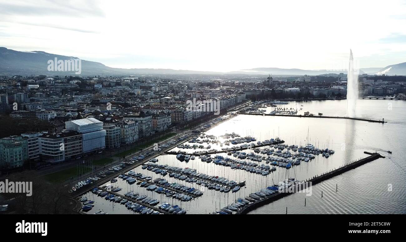 Drone view of Geneva and its Jet d'Eau, Switzerland. Vue aérienne de Genève, Suisse Stock Photo