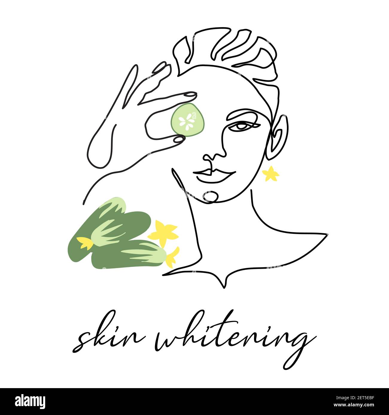Skin whitening with cucumber, facial cosmetic vector illustration. Face line art portrait of beautiful woman Stock Vector