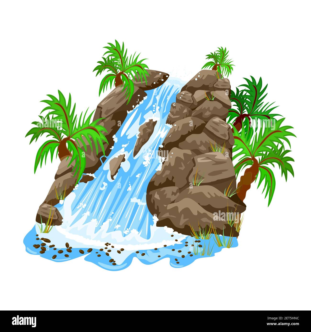 Waterfall in jungle isolated on white background.Landscape with water cascade, mountains and palm trees.Element for scenery design.Vector illustration Stock Vector