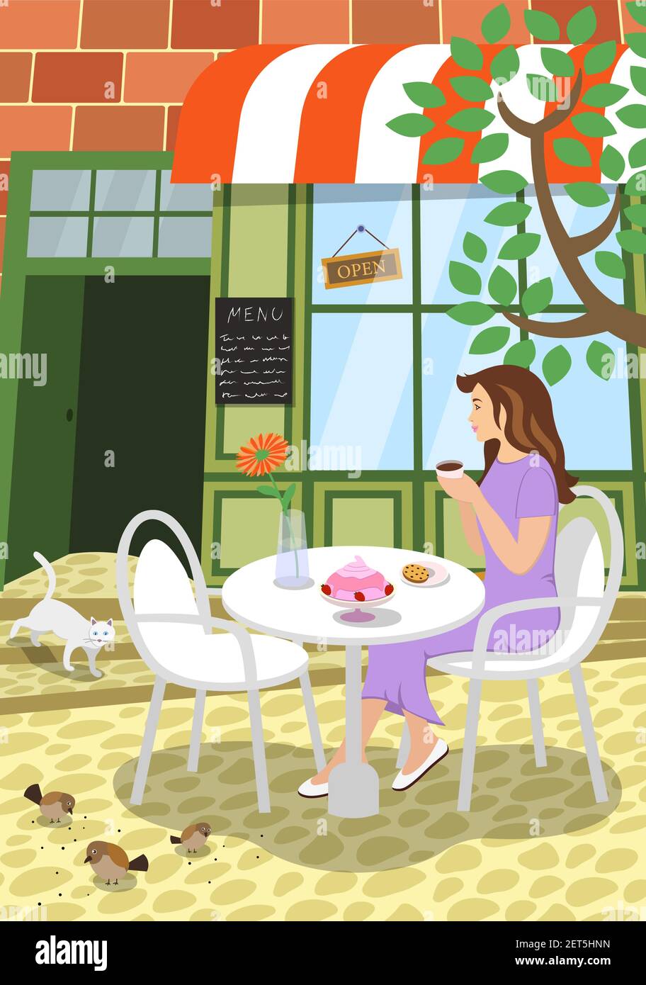 City street cafe summer scene. Girl sits at outdoors restaurant table terrace under tree holds cappuccino coffee cup and enjoys the moment. Cat on steps and birds peck seeds on road. Vector eps poster Stock Vector