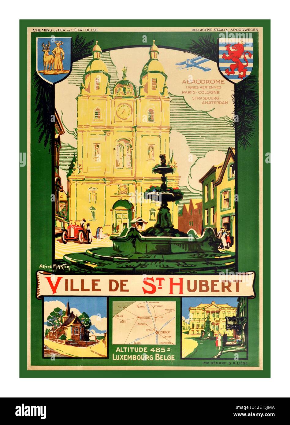 VINTAGE 1920's TRAVEL POSTER VILLE DE ST HUBERT LUXEMBOURG BELGIUM Original vintage travel poster for the Ville de St Hubert altitude 485m Luxembourg Belge featuring the historical benedictine Abbey of Saint-Hubert (established 687), named after saint Hubertus / Hubert  with the fountain in the foreground and a plane flying above text reading - Aerodrome Lignes Aeriennes Paris Cologne Strasbourg Amsterdam - against a cloud in the striped green sky by two coat of arms in the corners.Chemins de Fer de l'Etat Belge. Belgium, designer: Alfred Martin,1925 Stock Photo