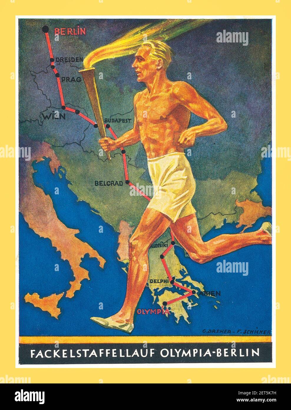 Berlin Olympics 1936 Vintage Propaganda Poster Nazi Germany Olympic Games Torch Relay run from Greece to Berlin Germany 'fackelstaffellauf Olympia-Berlin" Stock Photo