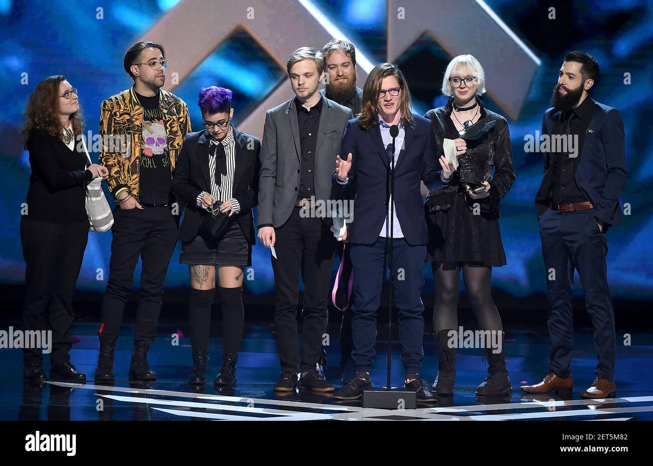 LOS ANGELES - DECEMBER 6: Matt Thorton an the team of “Celeste” (Matt Makes  Games) accepts the Best Independent Game award at the 2018 Game Awards at  the Microsoft Theater on December