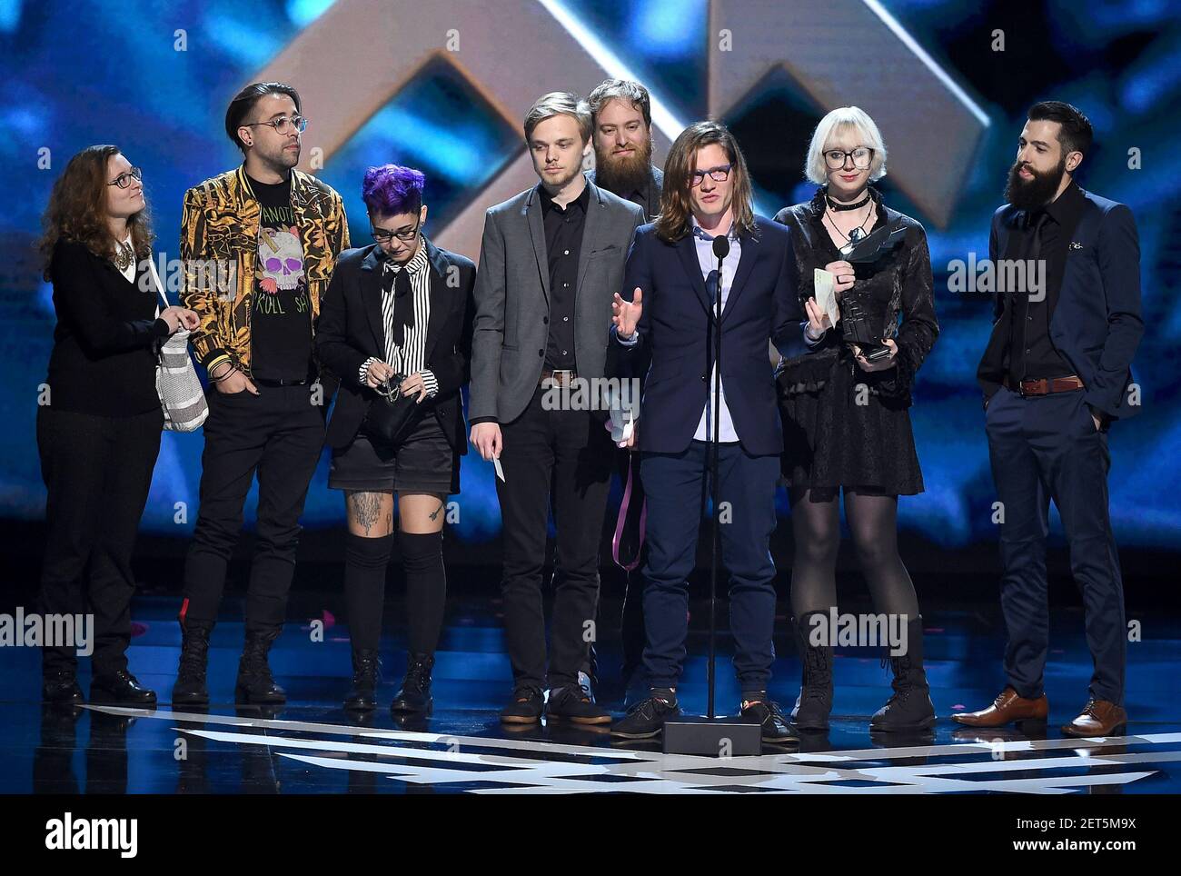 LOS ANGELES - DECEMBER 6: Matt Thorton an the team of “Celeste” (Matt Makes  Games) accepts the Best Independent Game award at the 2018 Game Awards at  the Microsoft Theater on December