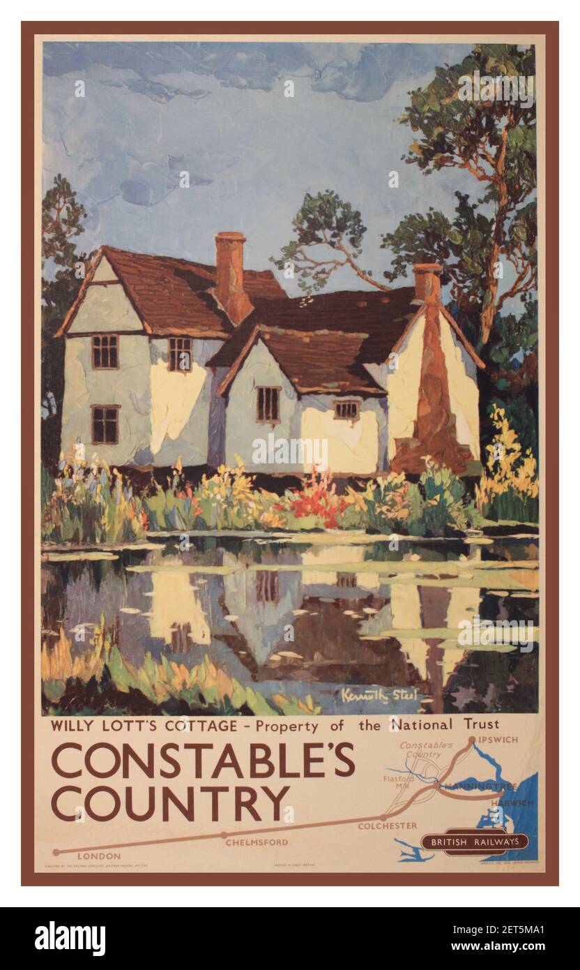 Vintage British Railways Travel Poster CONSTABLE'S COUNTRY by Kenneth Steel (1906-1970) Willy Lott's Cottage, Constable's Country c.1950 Stock Photo
