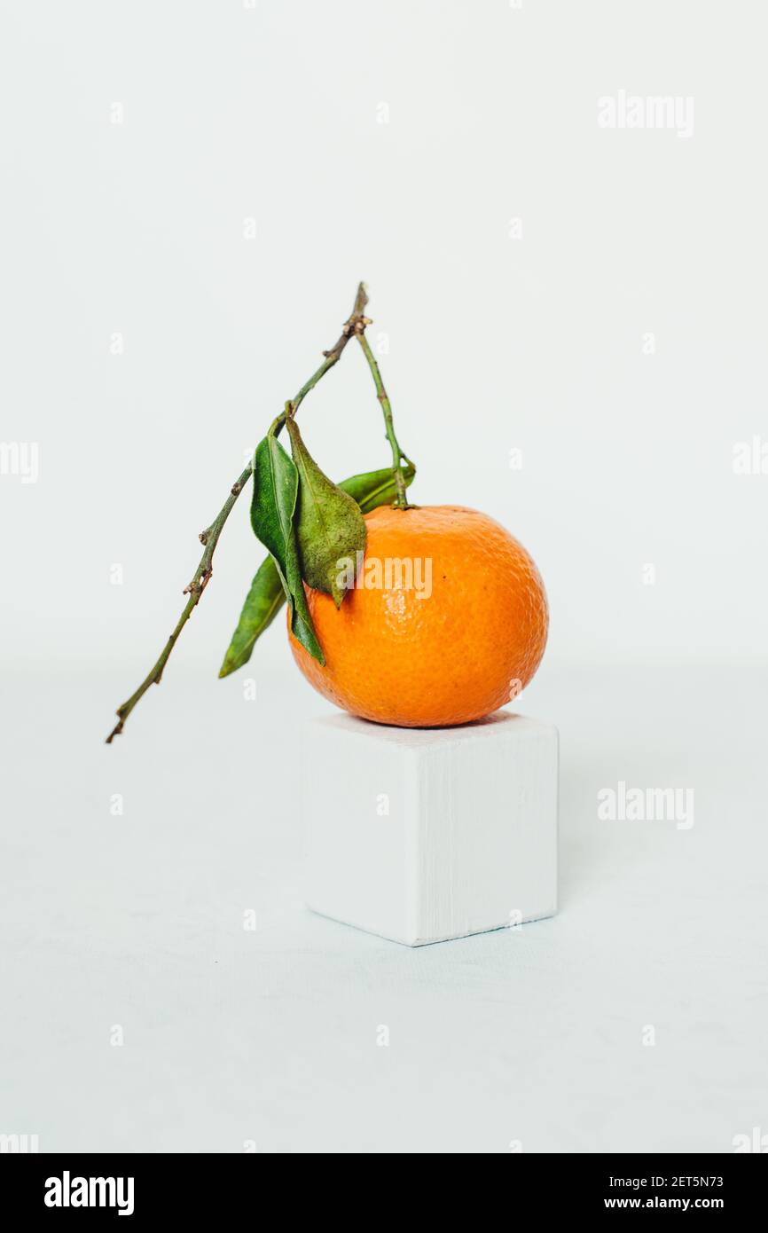 A single Clementine Citrus Fruit still life shot - minimalist photograph of fruit shot against a white background. Stock Photo