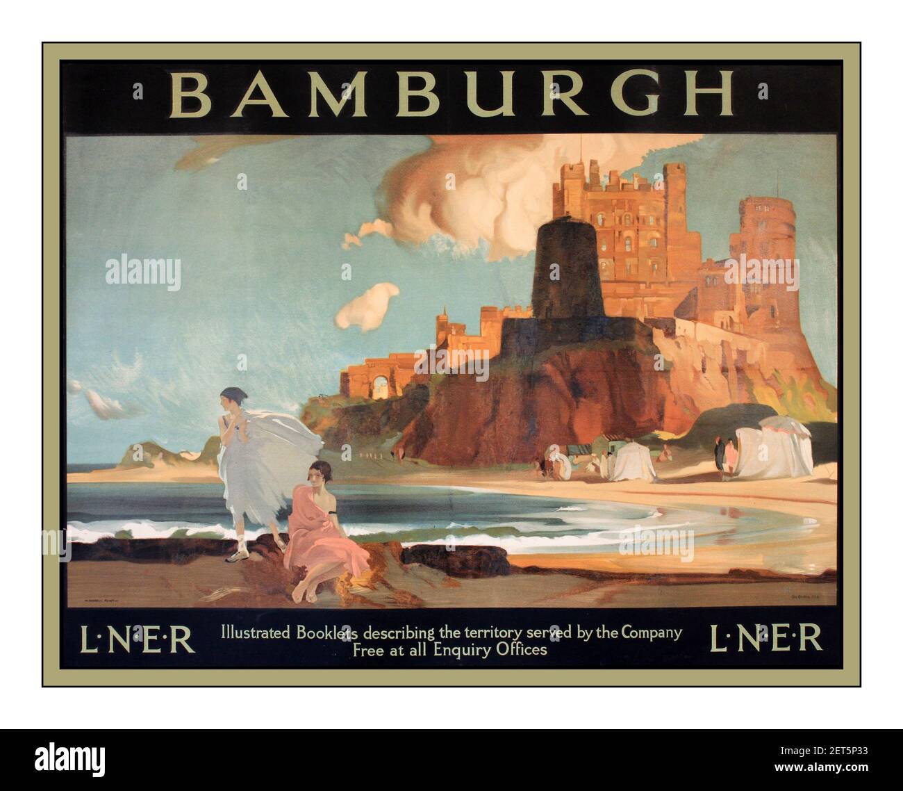 BAMBURGH CASTLE 1920's Vintage UK Travel Rail LNER Poster Bamburgh Castle LNER 1928 by Russell Fling (William 1890-1969) Stock Photo