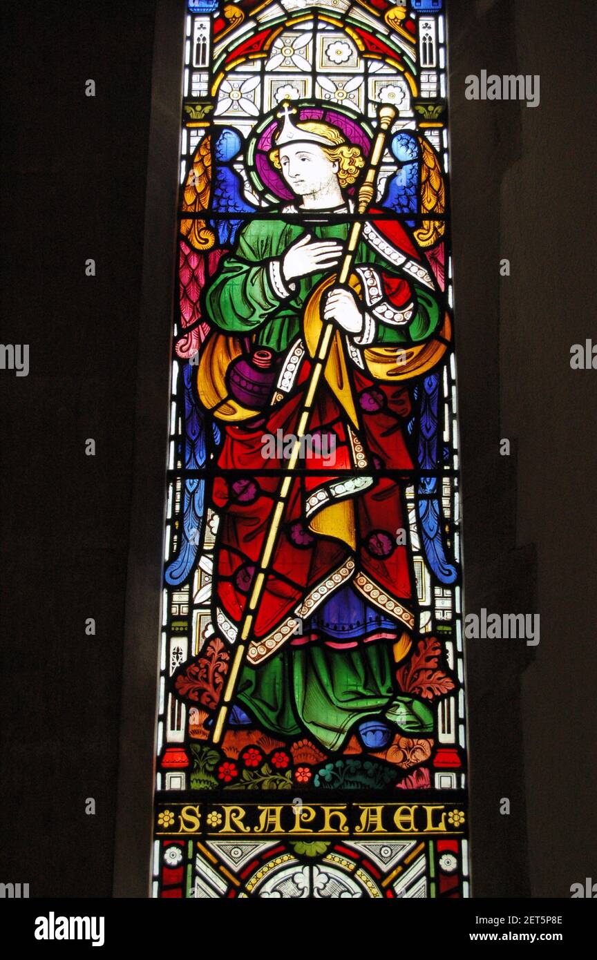 Victorian stained glass window showing Saint Raphael. On public display ...