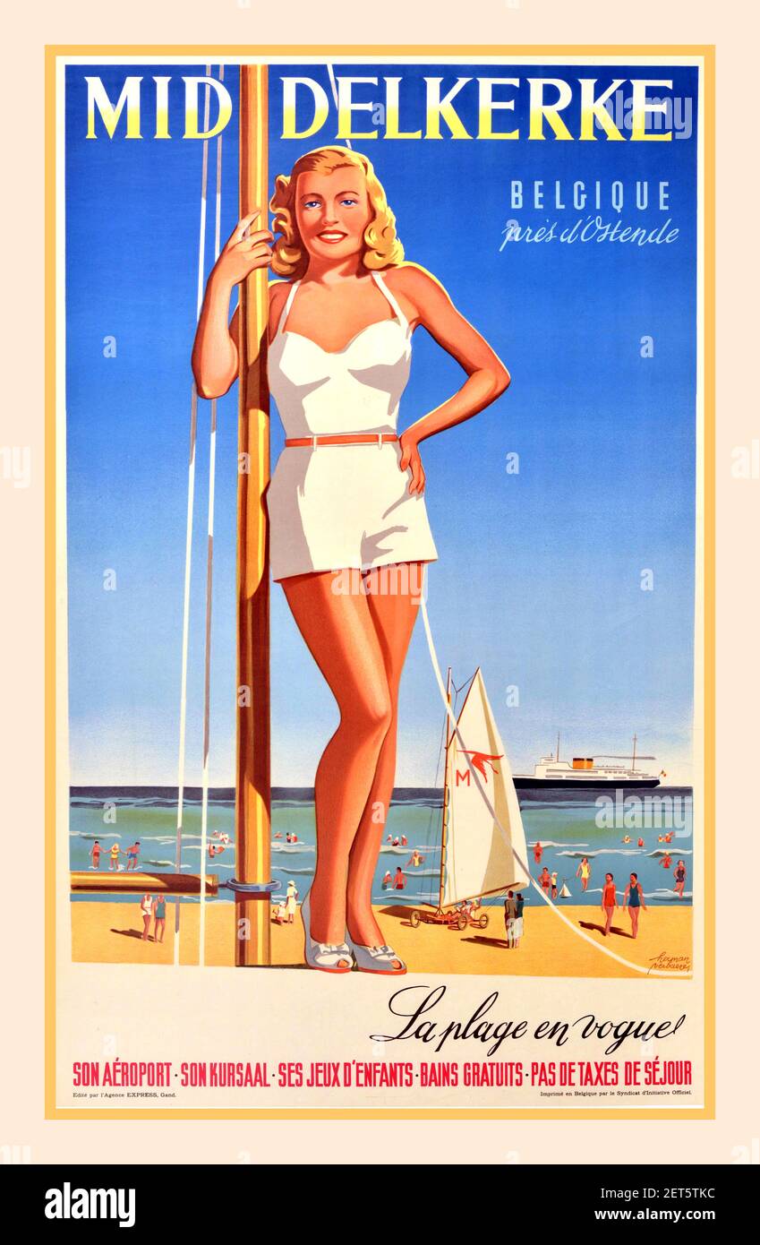 VINTAGE TRAVEL POSTER MIDDELKERKE BELGIUM OSTENDE SUMMER BEACH TRAVEL Vintage 1950’s Poster Featuring summer poster by  Belgian artist Herman Verbaere (1906-1993) for Middelkerke Belgium near Ostend - La Plage en Vogue! - Its airport Its amusements Its children's games Free baths No tourist tax / Middelkerke Belgique pres d' Ostende - La Plage en Vogue! - Son aeroport Son kursaal Ses jeux d'enfants Bains gratuits Pas de taxes de sejour.  featuring young lady in white outfit standing in front of the holiday resort Stock Photo
