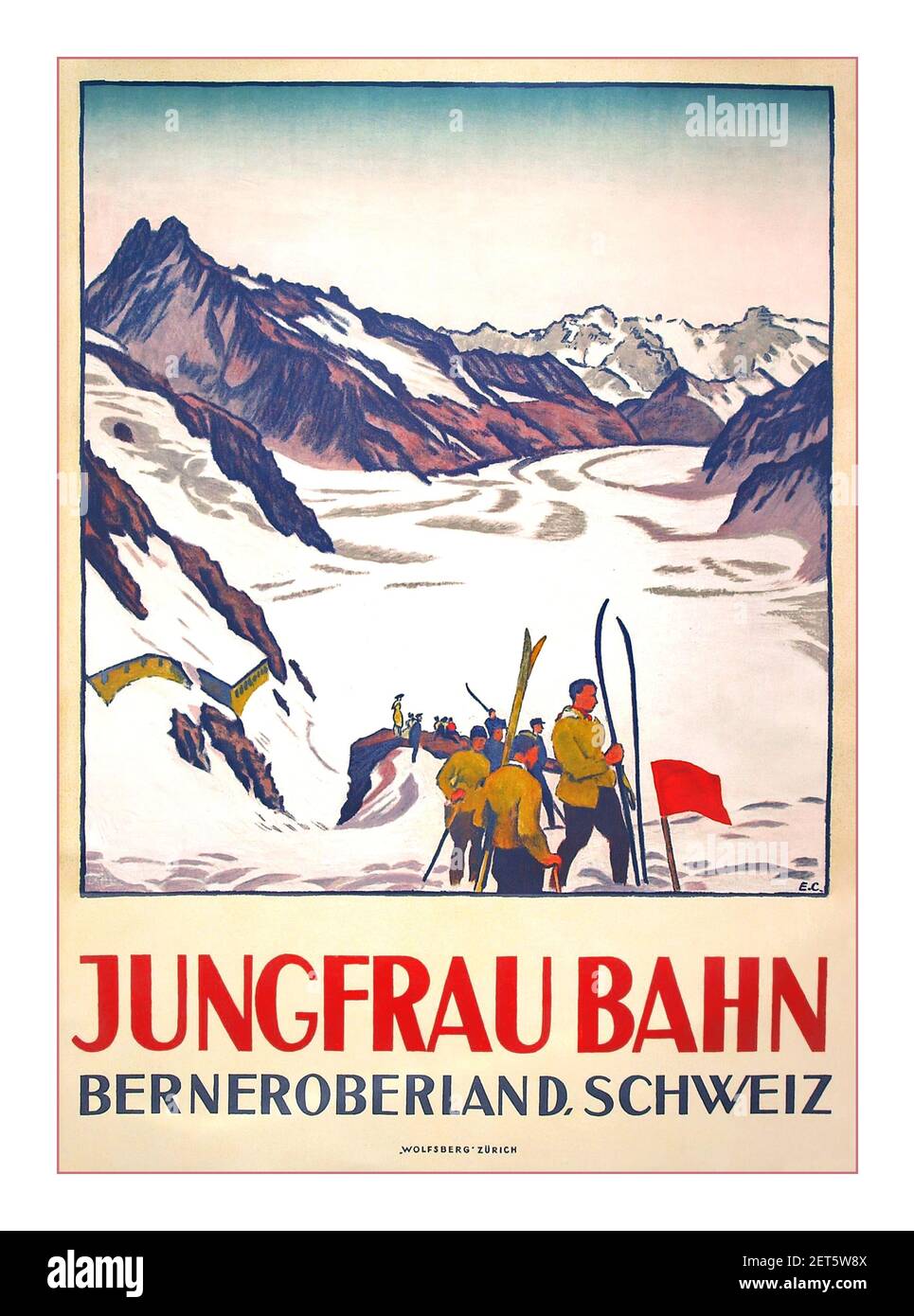 Vintage 1900's Ski Skiing Travel Poster by Emil Cardinaux (1877-1936)  Jungfrau Bahn, Berner Oberland Schweiz, original poster printed by Wolfsburg of Zurich Switzerland 1919 Stock Photo