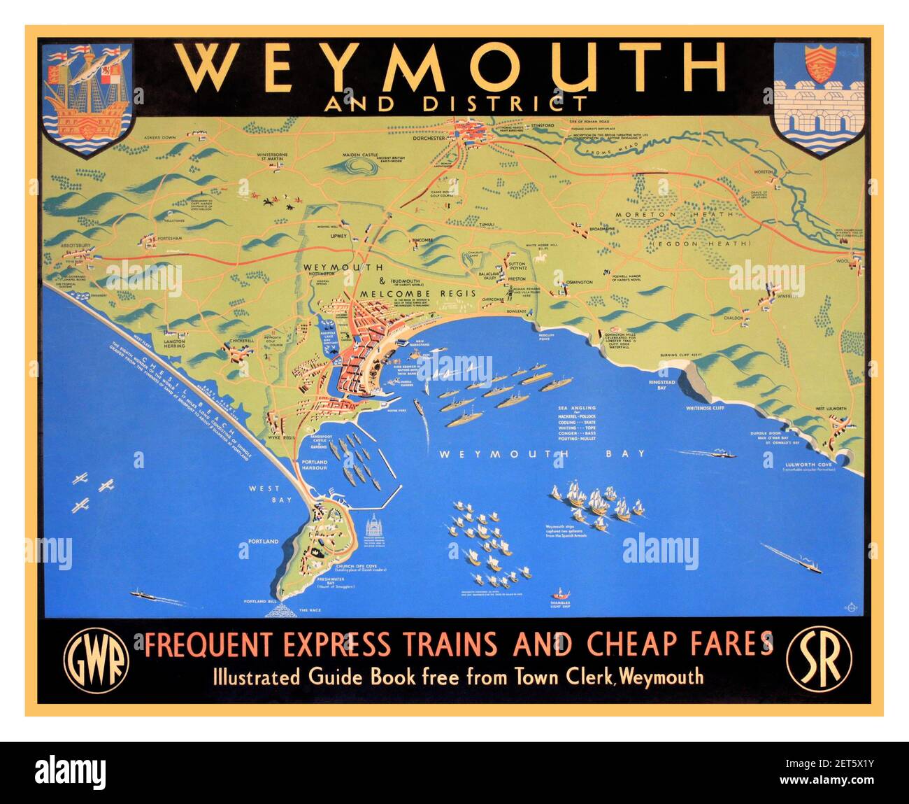 WEYMOUTH Vintage UK Travel Vacation Train Tour Poster Map Coastline 'Dilly’s  Weymouth and District, original poster printed for GWR and SR by Baynard 1947 Stock Photo