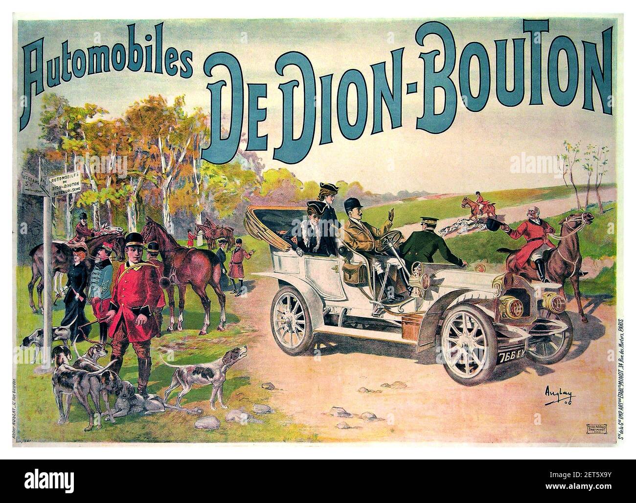 Vintage  1900’s De Dion-Bouton by August Auglay (1853-1925) De Dion Bouton (Hounds and Foxhunt), original poster printed by Affiches Artistique Etabl. Minot 1906 - France Stock Photo
