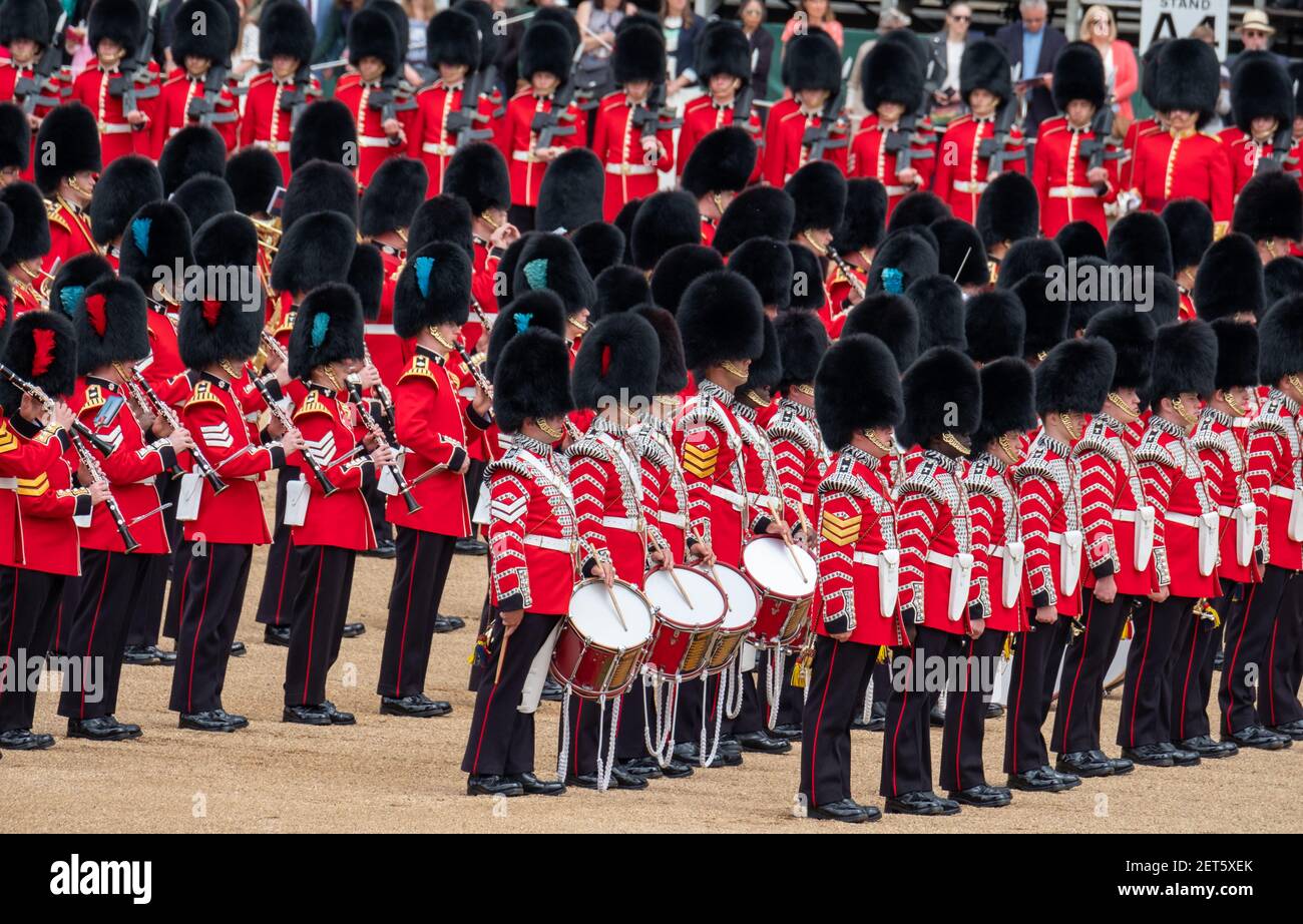 Busbies Trooping the Colour, military ceremony in London UK. Coldstream Guards ...