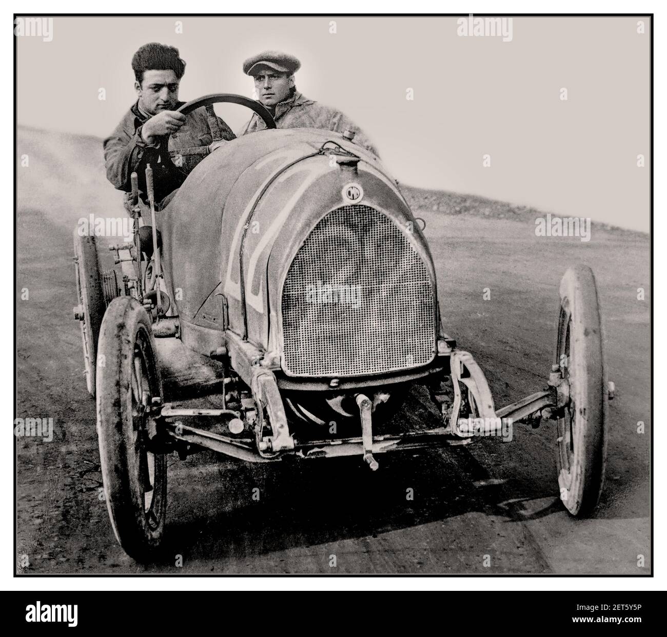 ENZO FERRARI Archive Vintage 1919 image of a young Enzo Ferrari in his first ever race as a professional driver in No.22 C.M.N. (Costruzioni Meccaniche Nazionali) Parma-Poggio di Berceto hillclimb race 1919 Stock Photo