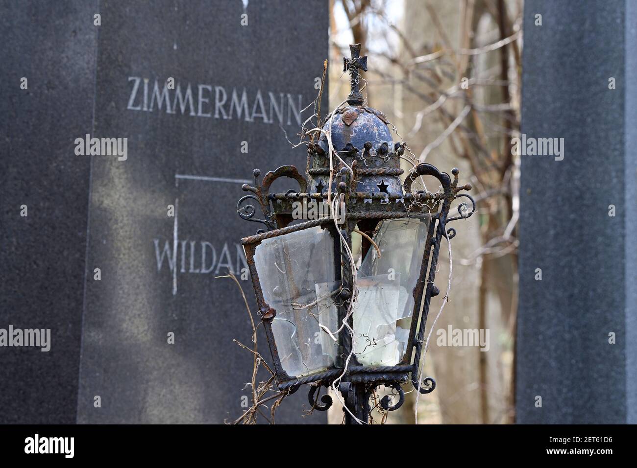 Vienna, Austria. The central cemetery in Vienna. Old rusted grave lanterns in front of graves from the 18th century. Stock Photo