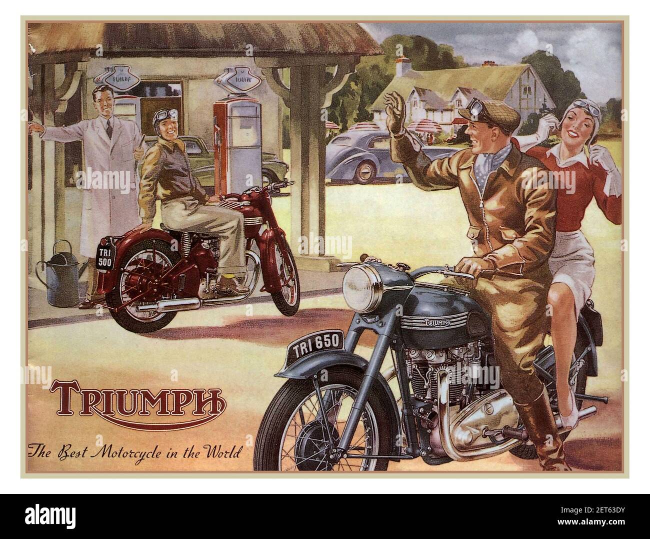 Vintage Triumph 500 & 600 Motorcycles advertising illustration poster UK 1950’s ‘ The Best Motorcycle in The World’ (before safety helmets were mandatory) Stock Photo