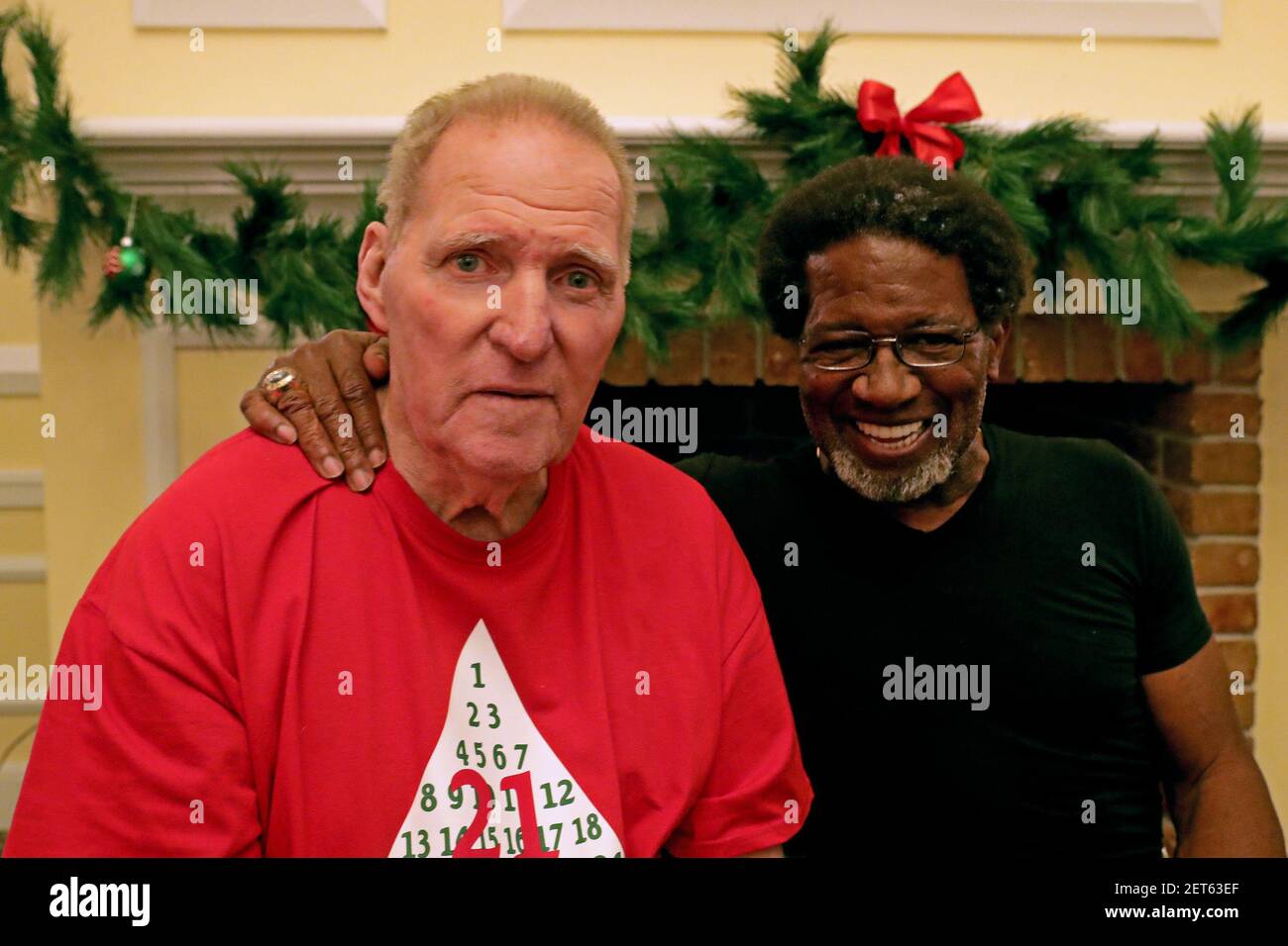 Former Miami Dolphins running backs Jim Kiick, left, and Mercury Morris,  right, smile at Independence Hall assisted living facility in Wilton  Manors, Thursday, Dec. 6, 2018. Both were teammates on the 1972