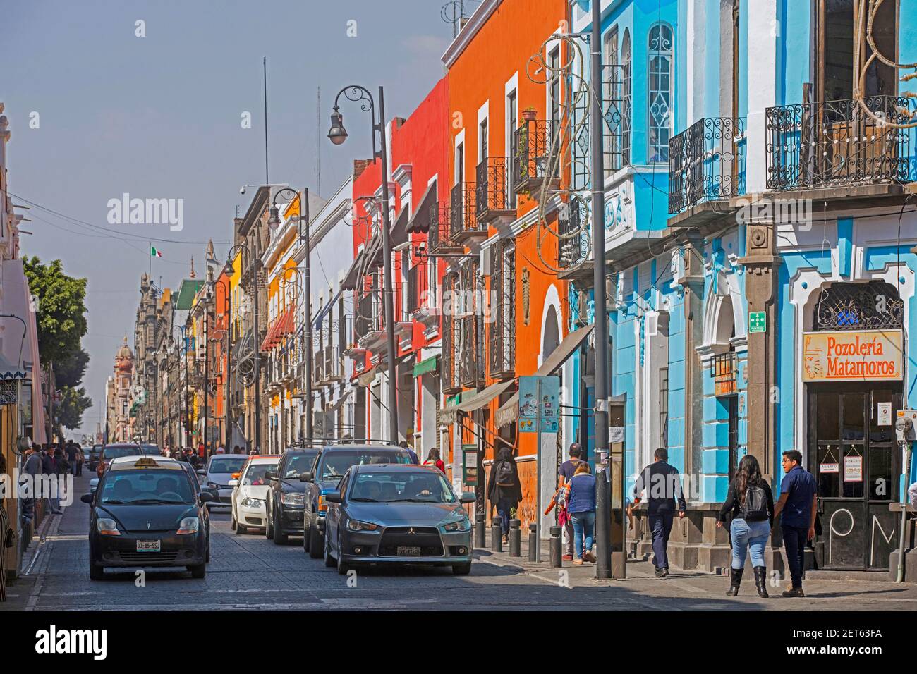 Colourful street with colonial buildings in the city Puebla, Mexico Stock Photo