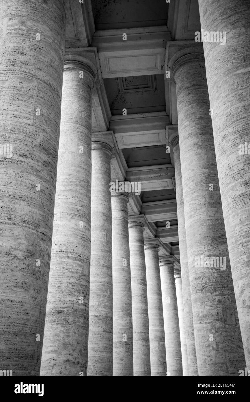 the beautiful stone pillars surrounding the Vatican building in Rome, Italy black and white Stock Photo