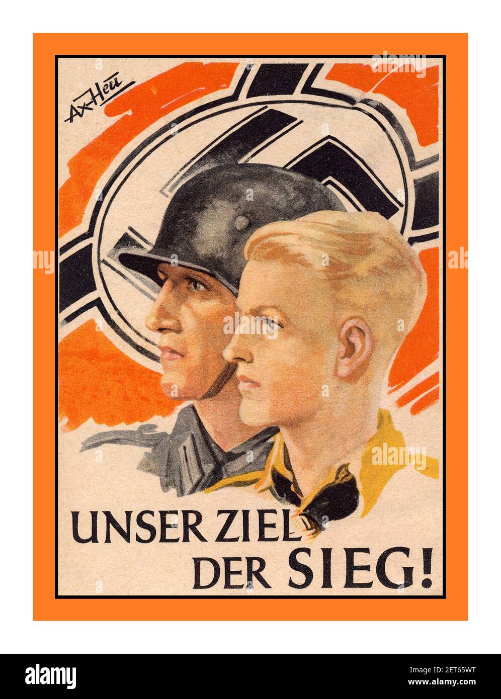 Vintage WW2 Nazi Propaganda 1938 poster card 'OUR GOAL THE VICTORY'  Hitler Youth in front of Nazi Germany Wehrmacht Soldier  1938 color card 'OUR ZIEL DER SIEG'  'Hitler Youth in front of man with steel helmet and swastika flag' Stock Photo
