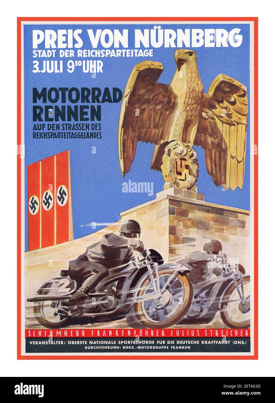 Nazi Propaganda Poster 1930’s Sport Award of Nurnberg Stadt der Reichsparteitage 1930's Nazi Germany sponsored motorcycle races on the streets of the party rally grounds (motorrad rennen auf den strassen des reichsparteitaggelandes) with swastika banners and imposing German eagle Stock Photo