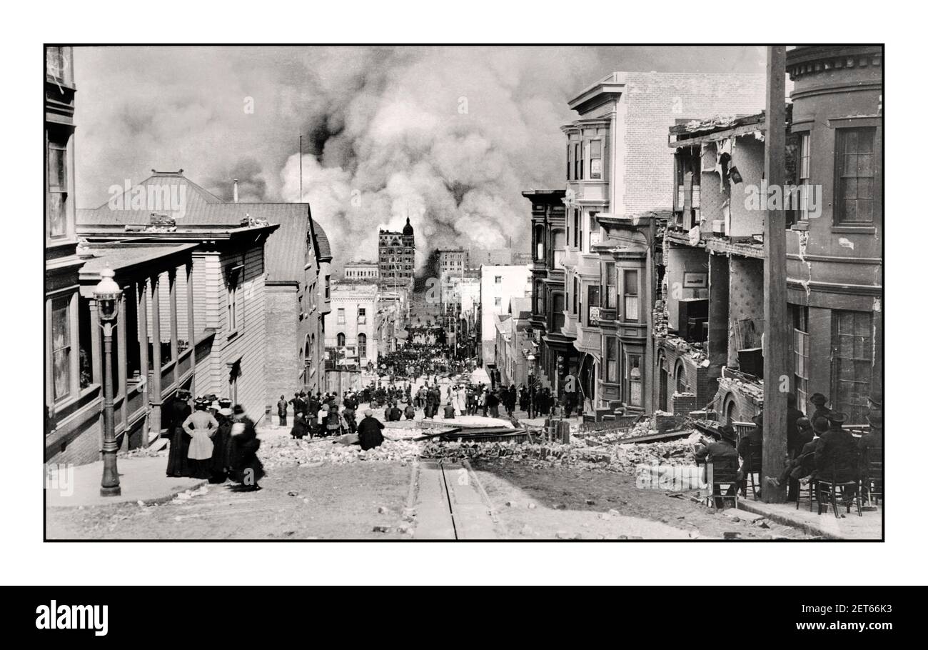 San Francisco 1906 Earthquake photo San Francisco Earthquake looking down Sacremento Street with residents viewing the disaster from higher up on Sacramento Street viewpoint 1906 California USA Stock Photo