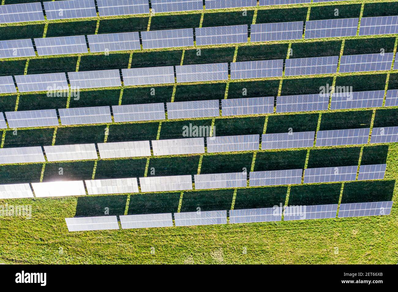 Aerial view of Solar farm with large solar panels in an array, West Sussex, England Stock Photo