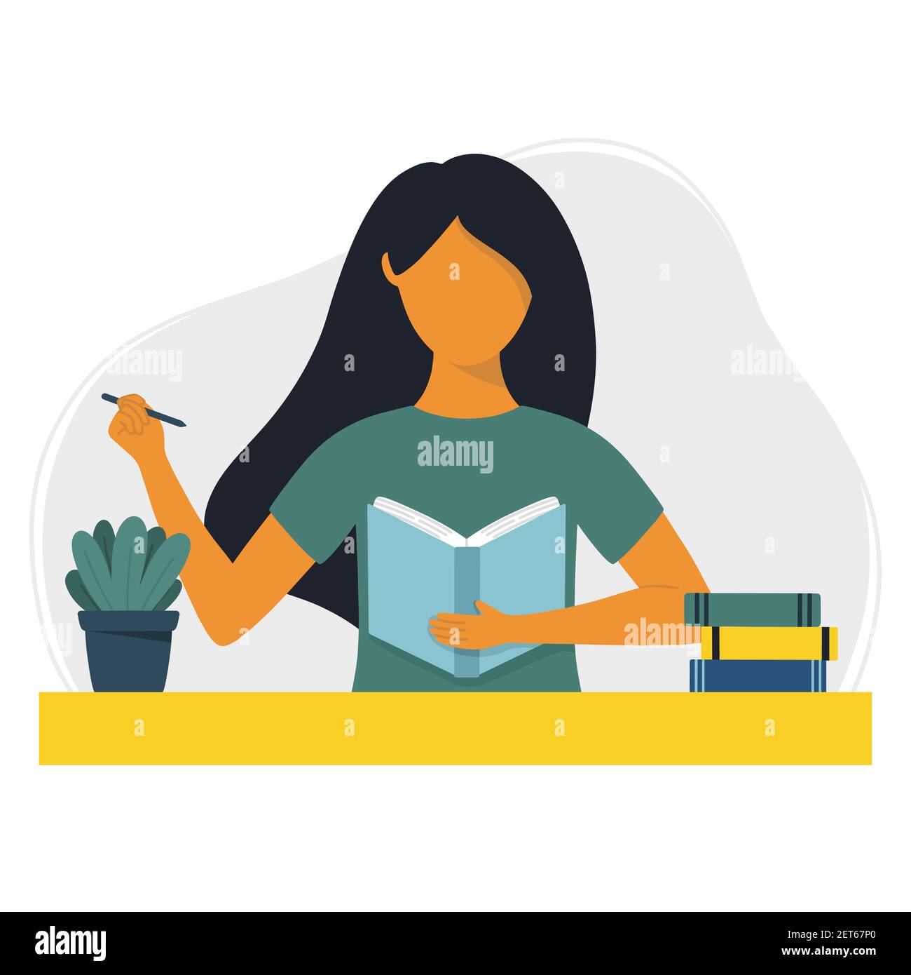 Woman writes in a notebook or diary. Writing, studying and reading concept. Flat vector illustration. Stock Vector
