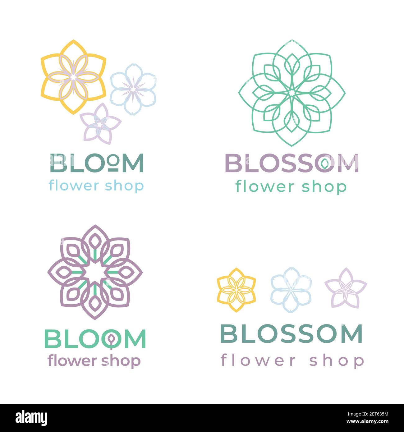 Flower shop vector logo design template in trendy linear style. Stock Vector