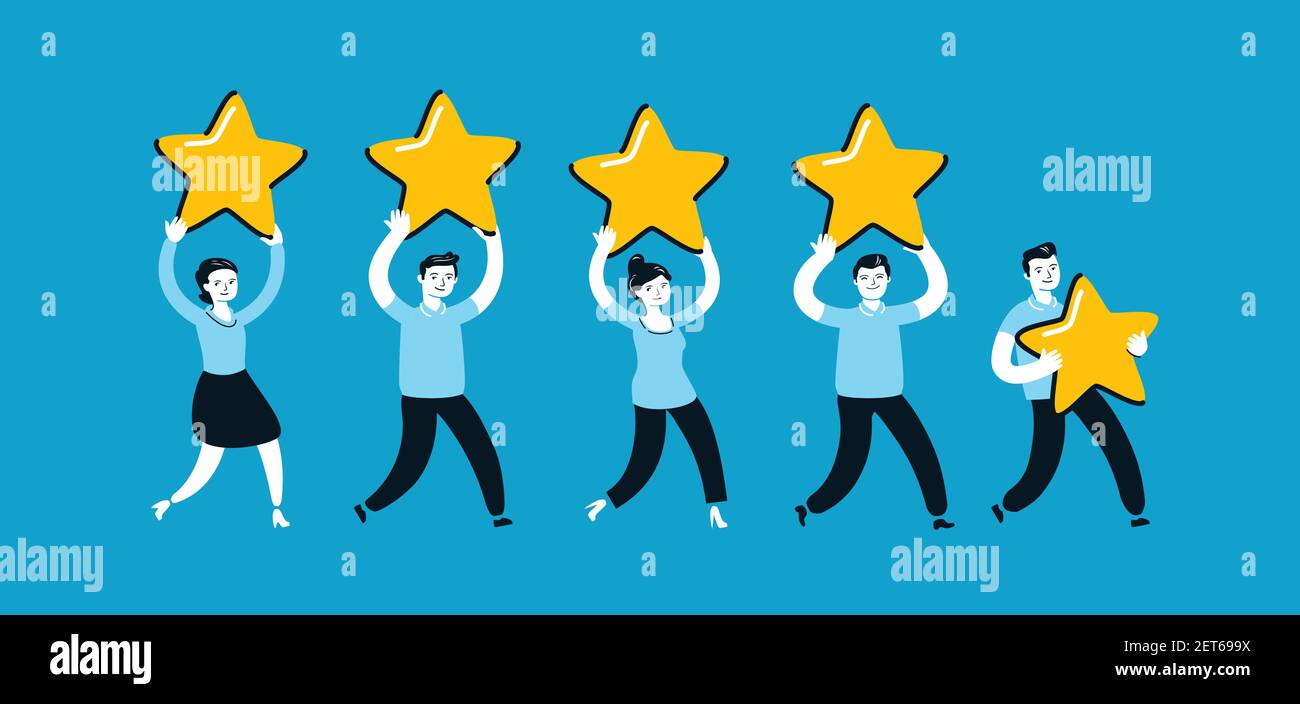 Group of people giving a five star rating. Feedback concept vector illustration flat style Stock Vector