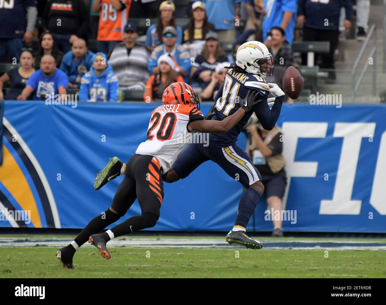Dec 9, 2018; Carson, CA, USA; Los Angeles Chargers wide receiver Mike Williams (81) attempts to catch a pass in the thrid quarter as Cincinnati Bengals cornerback KeiVarae Russell (20) defends at StubHub Center. The Chargers defeated the Bengals 26-21. Mandatory Credit: Kirby Lee-USA TODAY Sports/Sipa USA Stock Photo