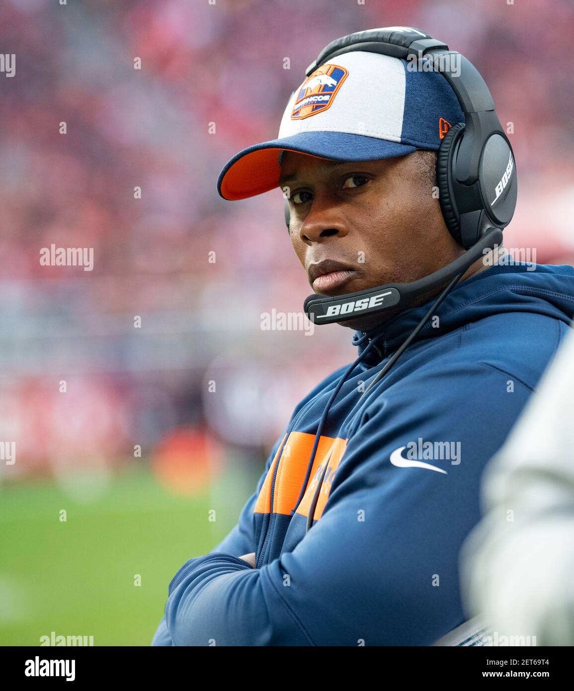 December 09, 2018: Denver Broncos head coach Vance Joseph in between plays,  during a NFL football game between the Denver Broncos and the San Francisco  49ers at the Levi's Stadium in Santa