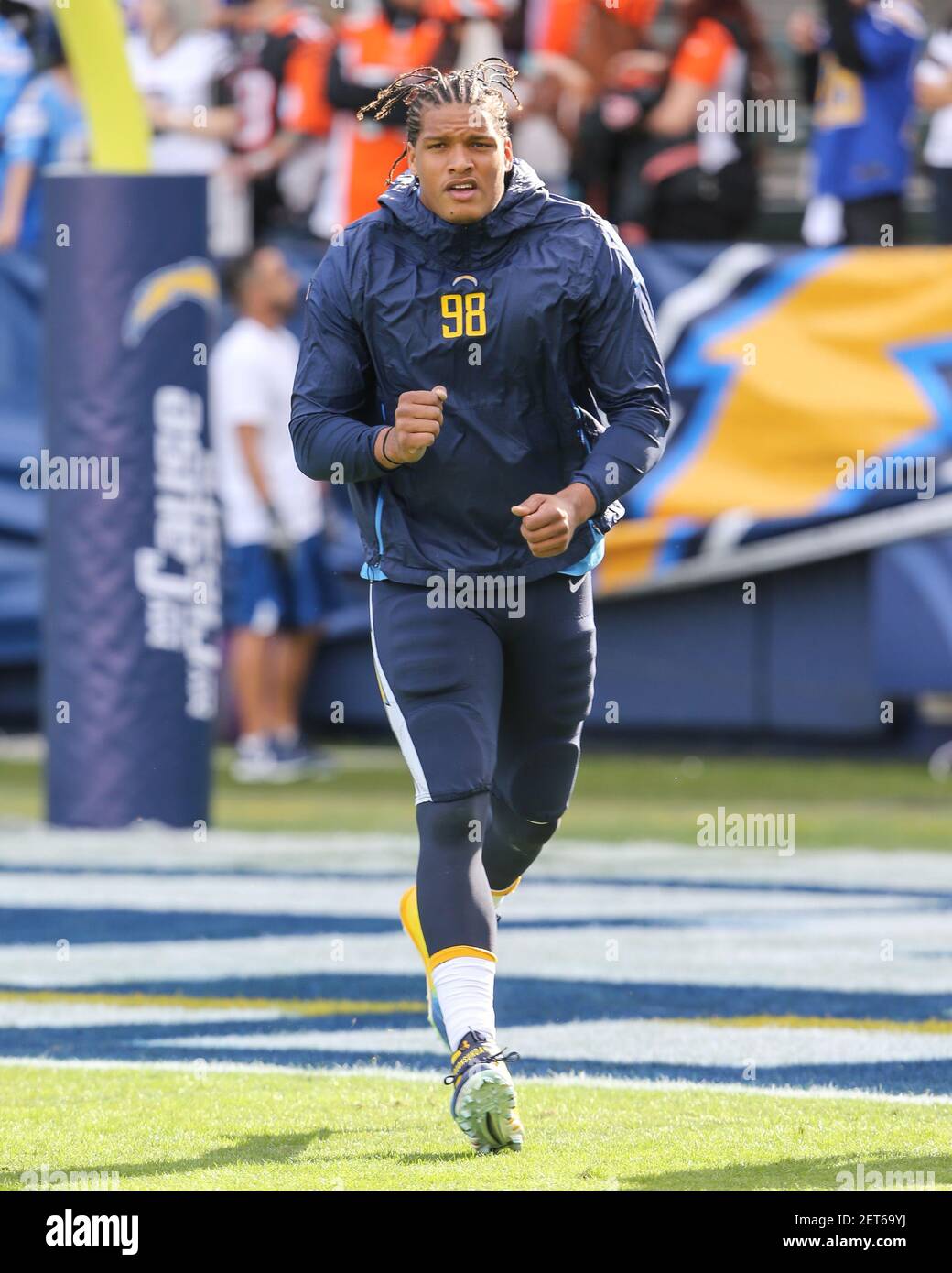 December 9, 2018..Los Angeles Chargers defensive end Isaac Rochell #98  before the Cincinnati Bengals vs Los Angeles Chargers at Stubhub Center in  Carson, Ca on December 9, 2018. (Photo by Jevone Moore)(Credit