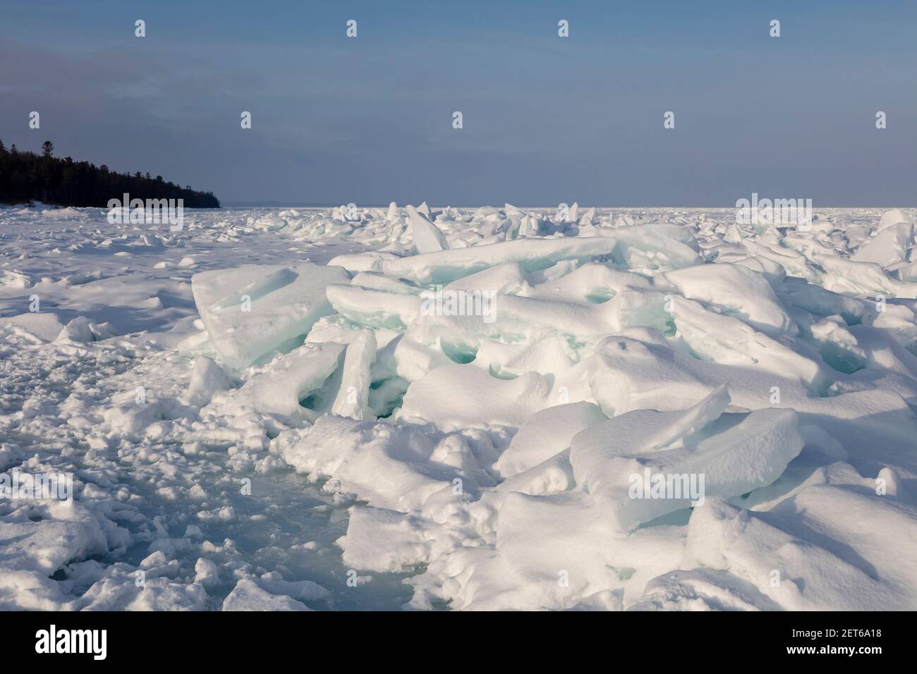 Ice build-up, Straits of Mackinac, between Lake Michigan and Lake Huron, Michigan, USA, February, by James D Coppinger/Dembinsky Photo Assoc Stock Photo