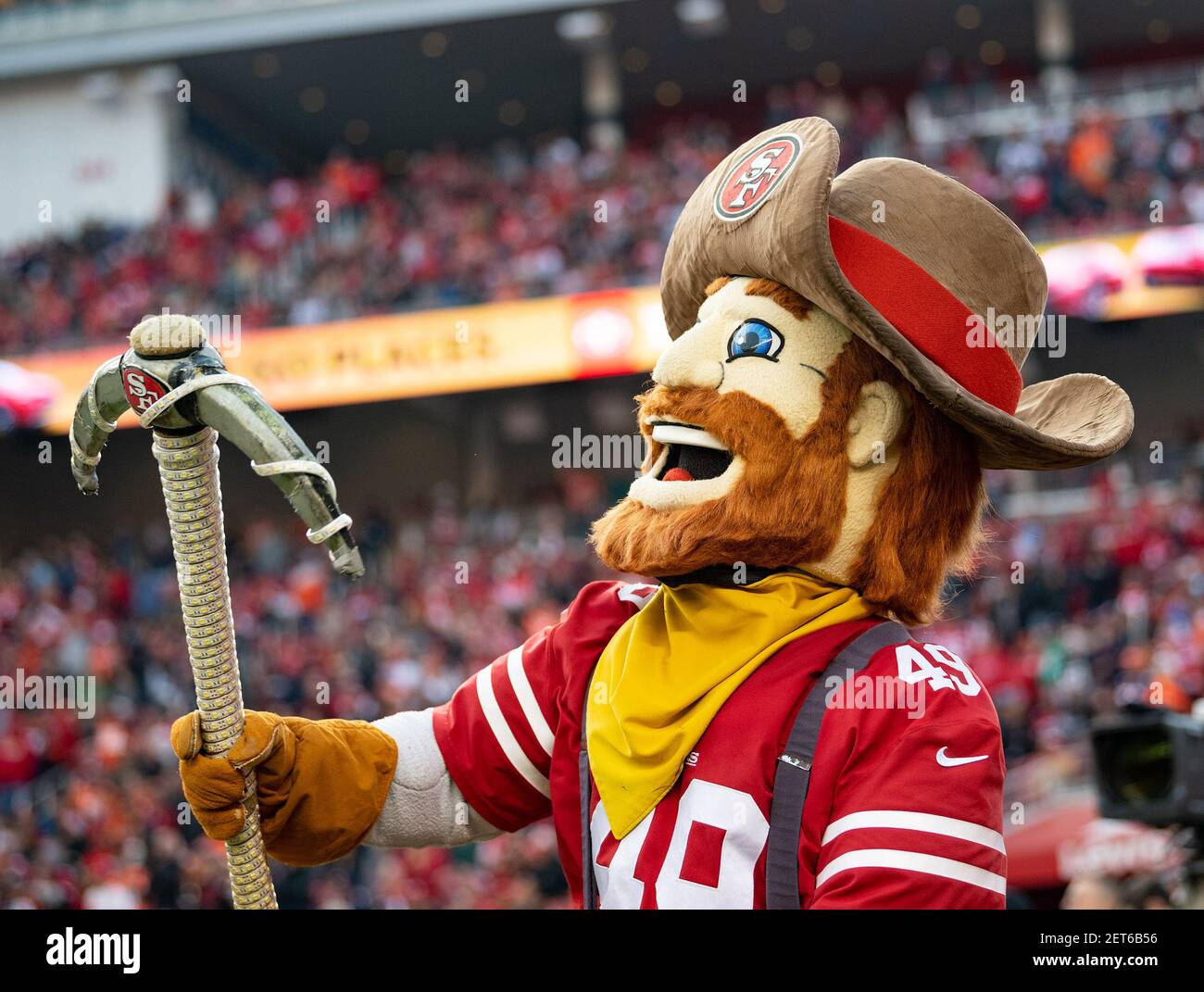 December 09, 2018: The 49ers mascot, Sourdough Sam, fires up the crowd,  during a NFL football game between the Denver Broncos and the San Francisco  49ers at the Levi's Stadium in Santa