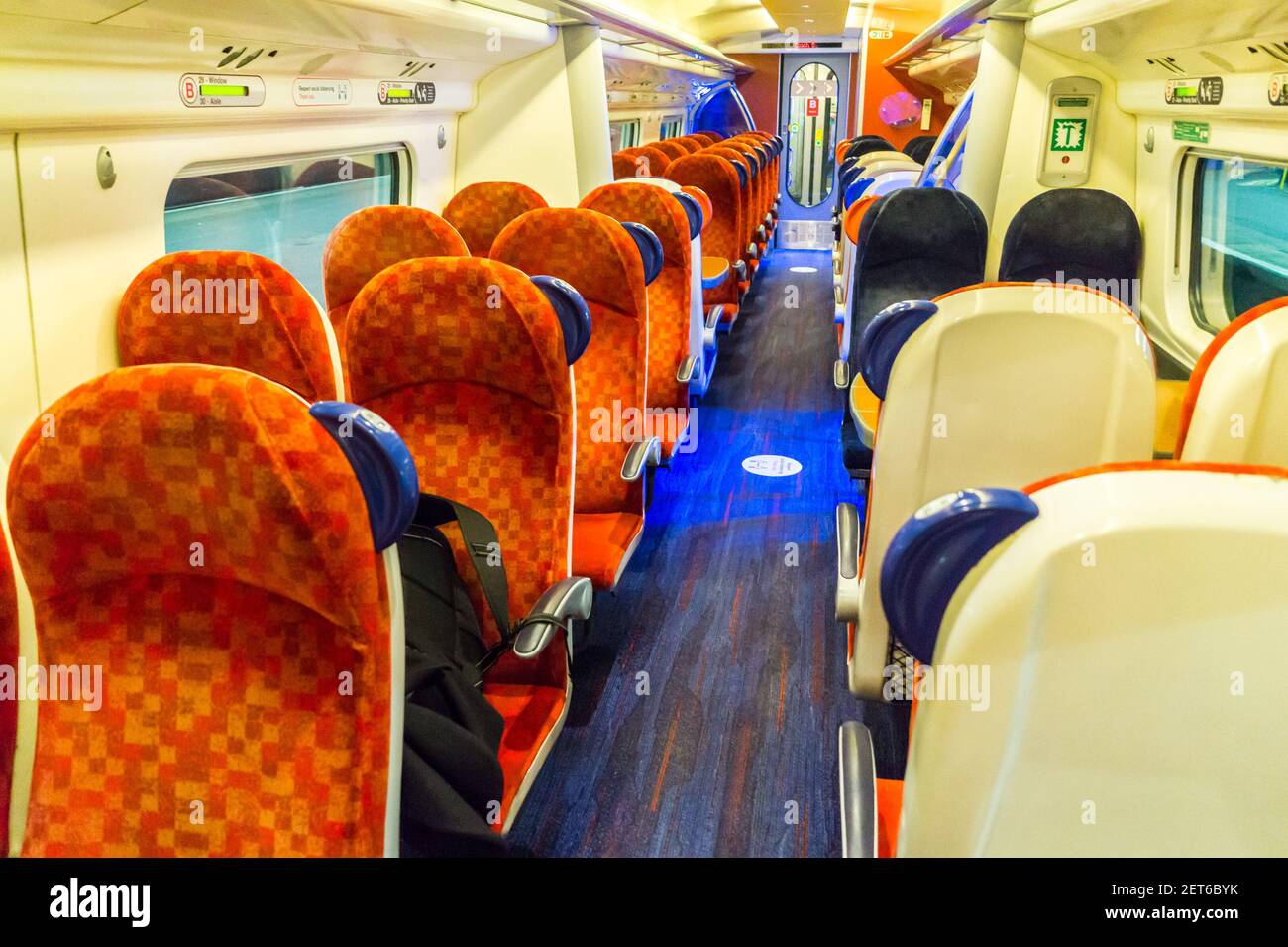 Empty carriage on Avanti West Coast peak time train London Euston- Liverpool during coronavirus pandemic, , England, estimated 2% capacity Stock Photo