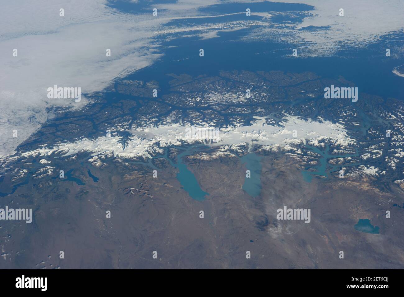 Southern Patagonia Icefield (center) Andes Mountains, Patgonia,13 Feb 2014, from International Space station by NASA/DPA Stock Photo
