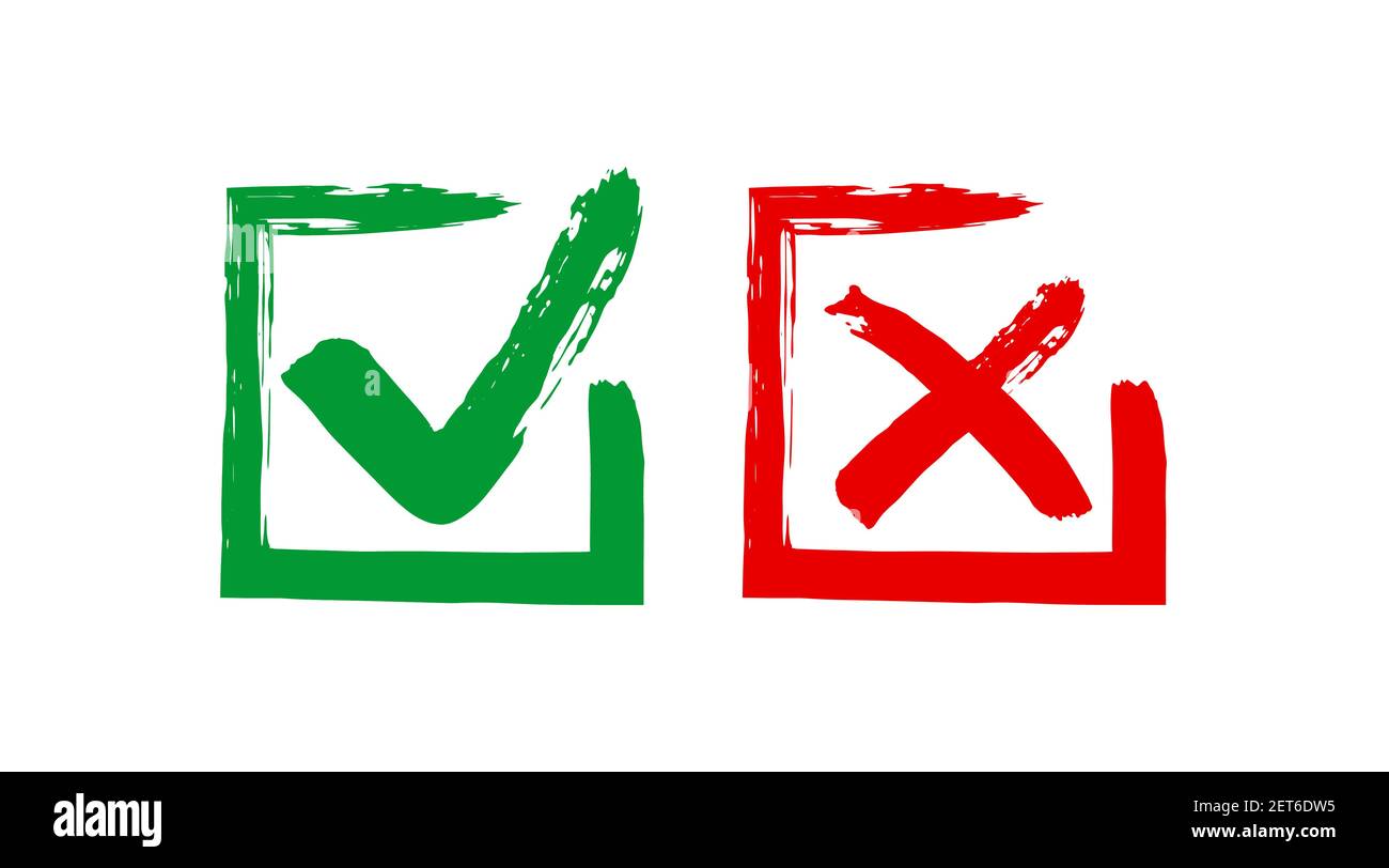 Grunge sqare checkmark box. Yes or no check mark. Red and green vector checkbox Stock Vector