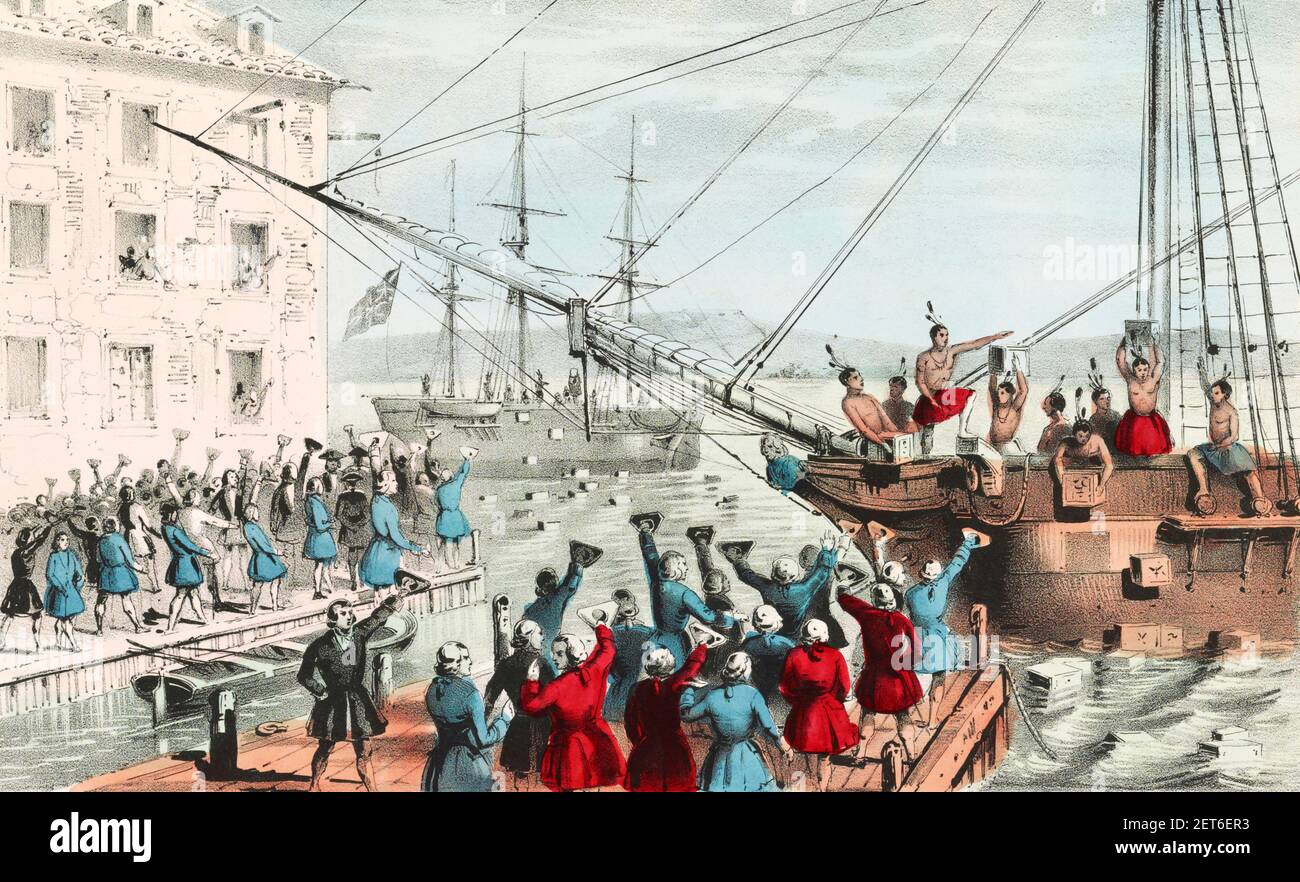 Boston Tea Party.  'The Destruction of Tea at Boston Harbor' by Sarony & Major, color lithograph, 1846 Stock Photo
