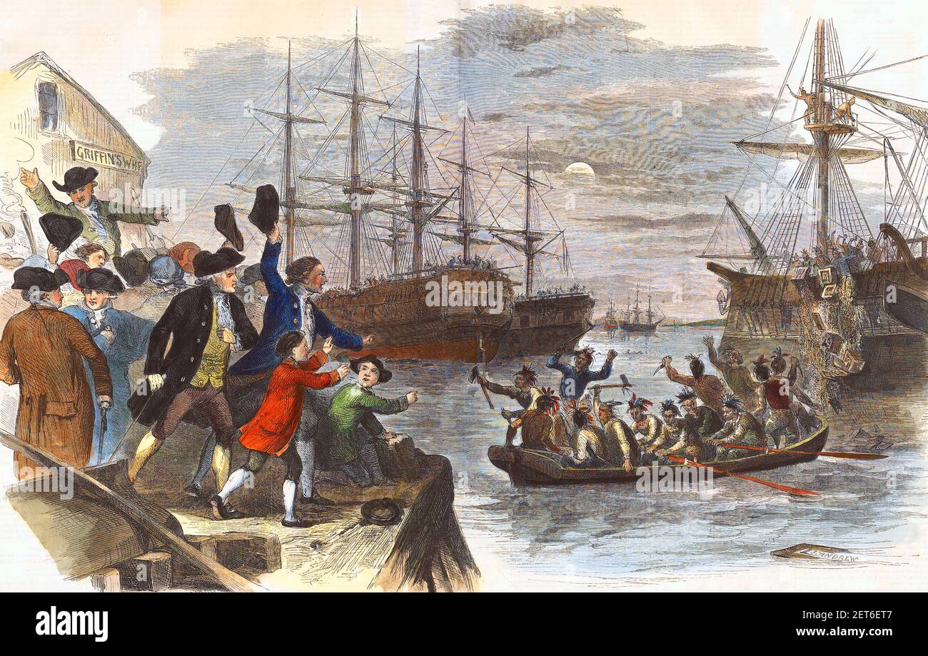 The Boston Tea Party - Destruction of the Tea in Boston Harbor, December 16, 1773, from the magazine Ballou’s Pictorial Drawing-Room Companion, July 16, 1856, hand-colored wood engraving by John Andrew, 1856 Stock Photo