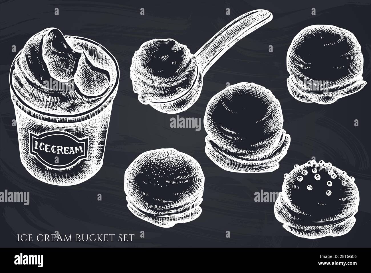 Vector set of hand drawn chalk ice cream bucket, ice cream scoop, ice