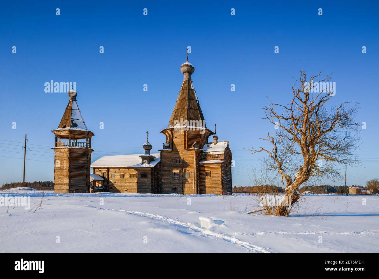 Old Russian wooden church of St. John Chrysostom in the village Saunino, Arkhangelsk region, Russia Stock Photo