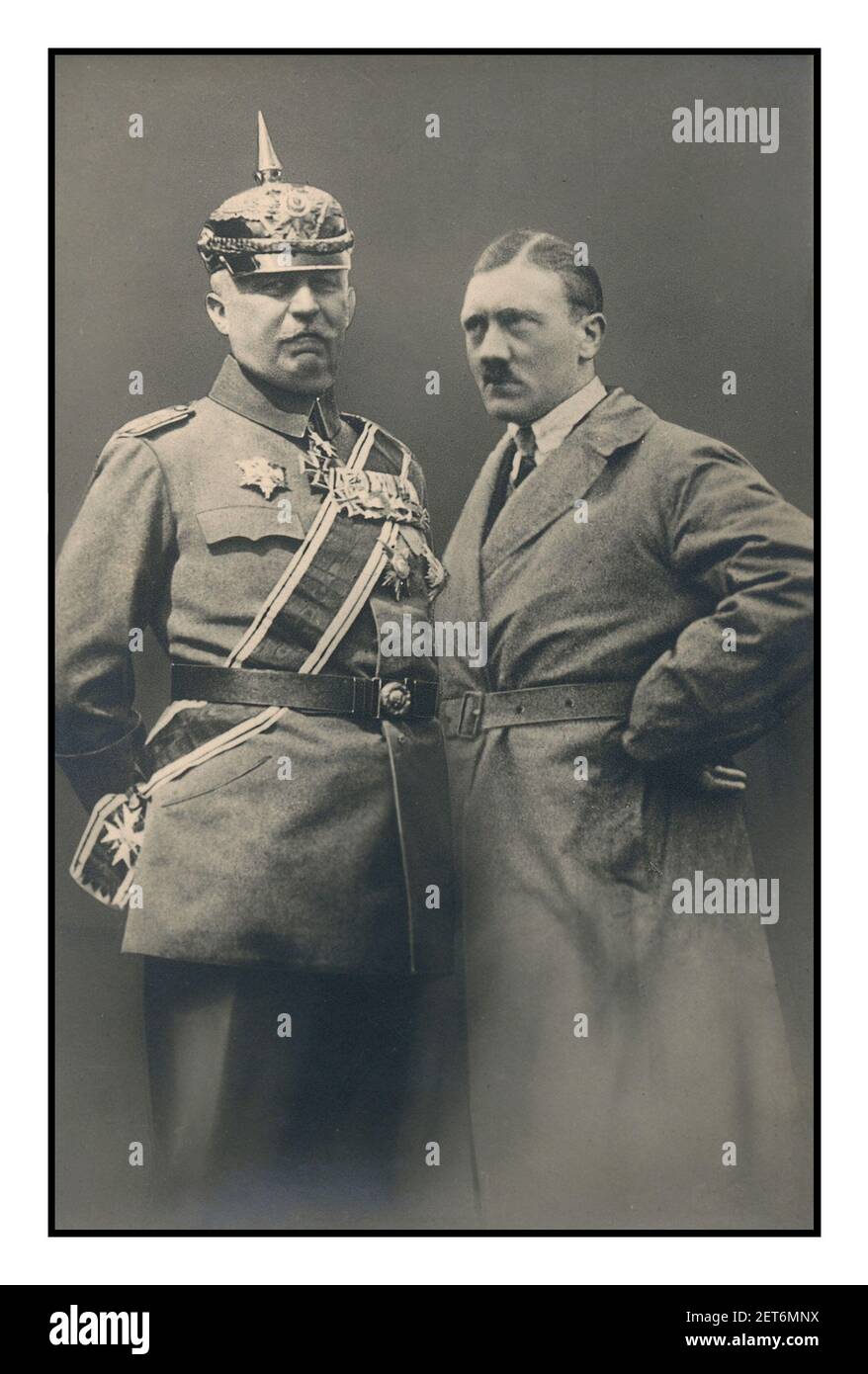 1923 Germany PUTSCH Propaganda Photo 'Adolf Hitler with General Ludendorff' photo card for 1920’s Germany.  Adolf Hitler with Ludendorff at the time of Beer Hall Putsch Trial. The Beer Hall Putsch was an unsuccessful attempt by the Nazi leader Adolf Hitler with General Ludendorff and other leaders to seize power in Munich, Bavaria, Germany Stock Photo