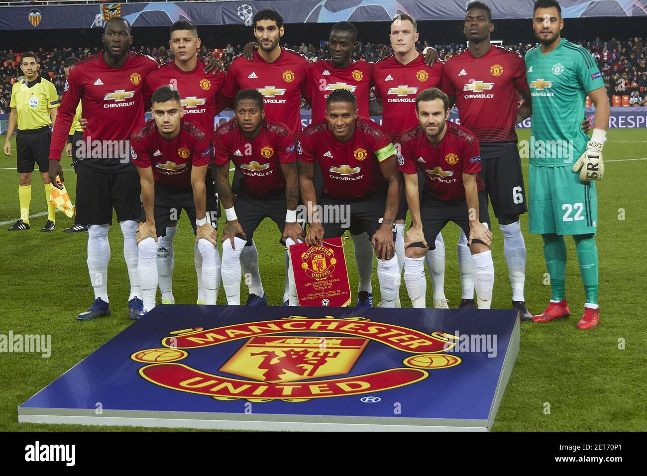 Manchester United team group during the match between Valencia CF vs Manchester  United of UEFA Champions League, Group Stage, group H, date 6, 2018-2019  season. Mestalla Stadium. Valencia, Spain - 12 DIC