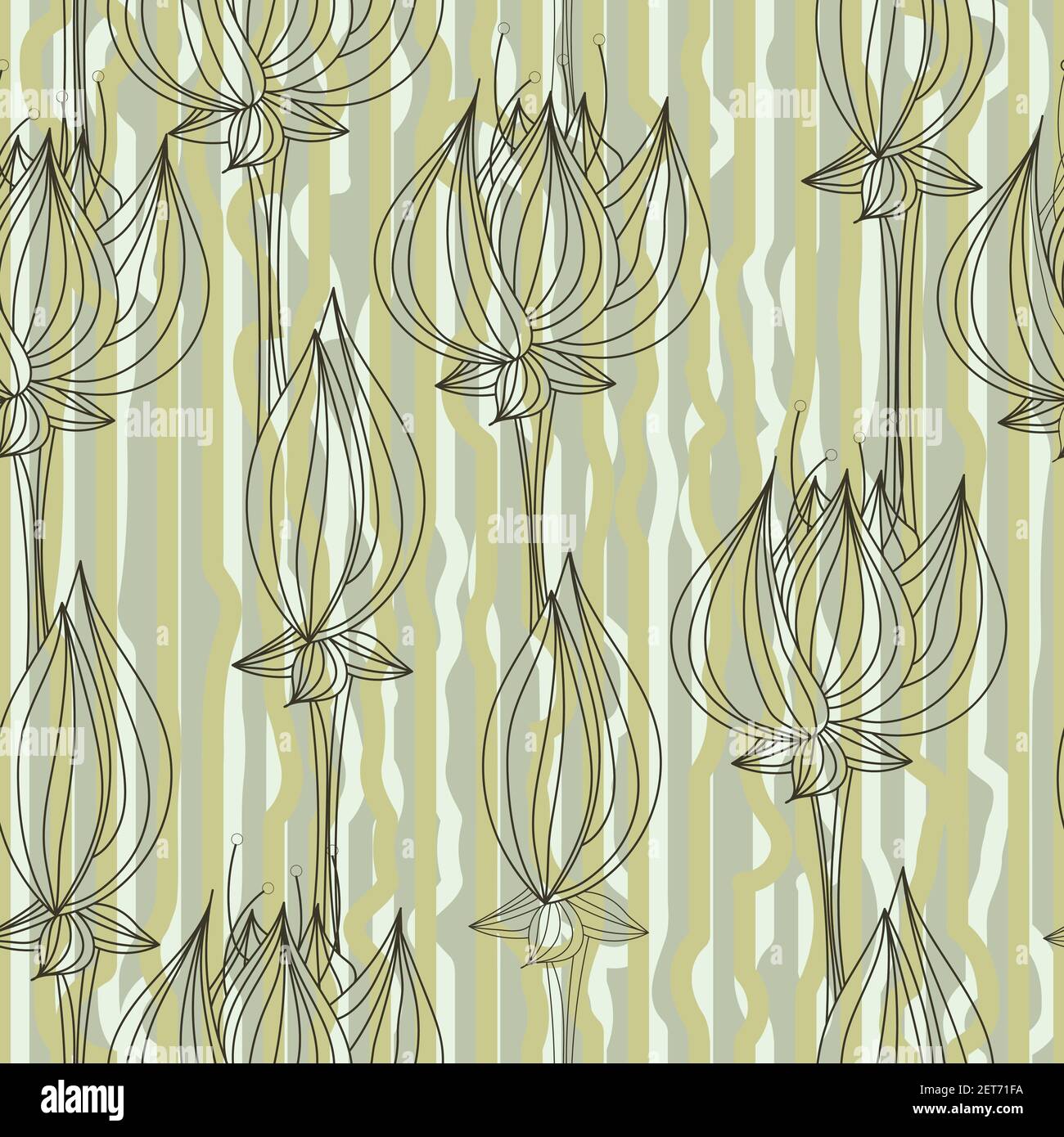 Outlined lotus flowers and buds falling seamless pattern Stock Vector