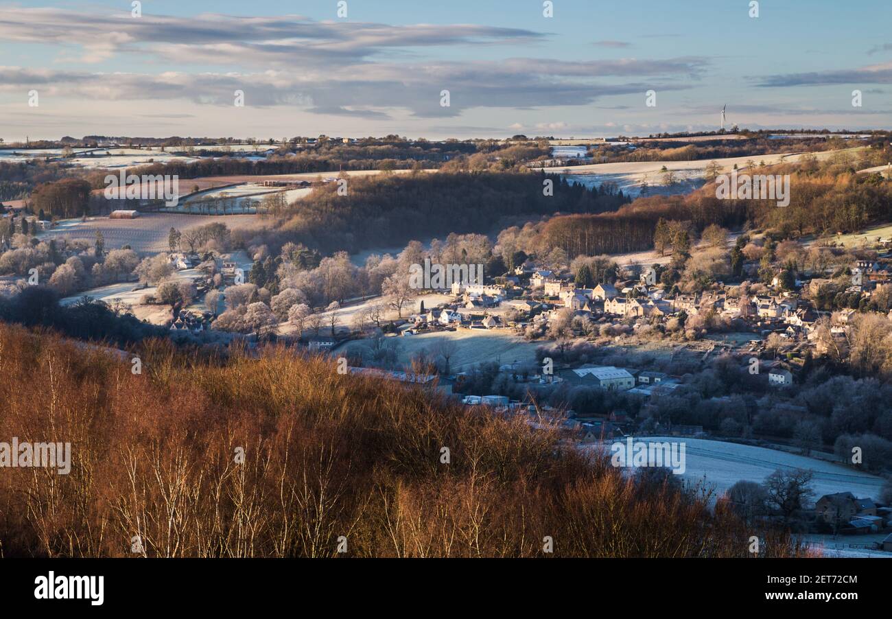 A frosty morning in the Cotswolds looking from Rodborough Common towards Woodchester. Stock Photo