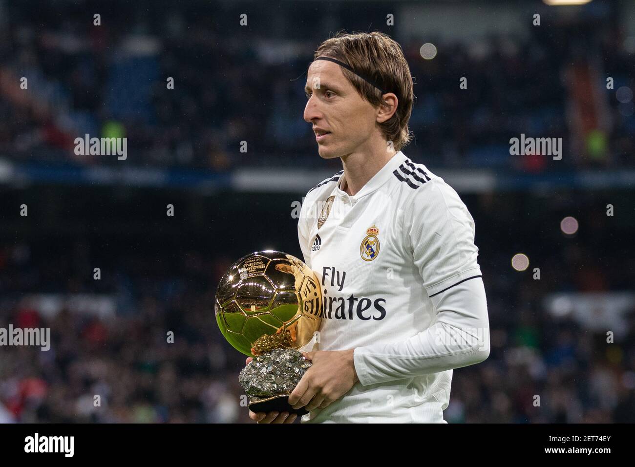 Luka Modric of Real Madrid presenting his Golden Ball trophy 2018 before  the match between Real Madrid vs Rayo Vallecano of La Liga, date 16, 2018-2019  season. Santiago Bernabeu Stadium, Madrid, Spain -