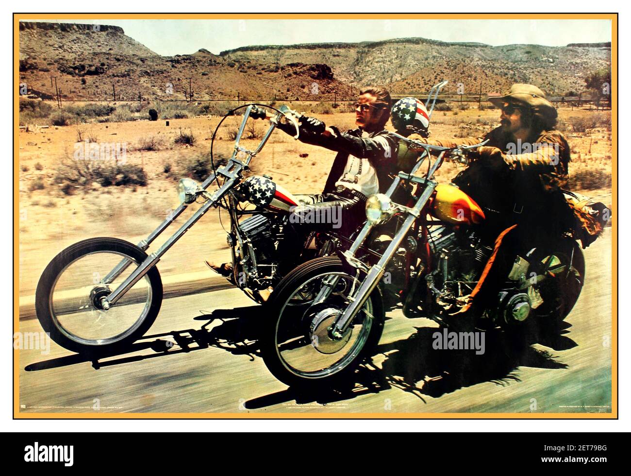 EASY RIDER 1960’s vintage film movie poster for Easy Rider Cinema film, the classic 1969 Dennis Hopper Cannes-Award-winning motorcycle biker drug melodrama. Written by Peter Fonda, Dennis Hopper, and Terry Southern', who were nominated for the Best Writing Academy Award) starring Peter Fonda, Dennis Hopper, Jack Nicholson (nominated for the Best Supporting Actor Academy Award for this film), Luana Anders, Antonio Mendoza, Luke Askew, Toni Basil, ©️ Columbia Pictures Stock Photo