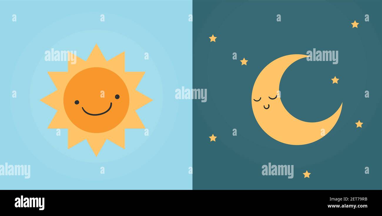Day and night symbols with cute faces. Dark and bright modes. Vector