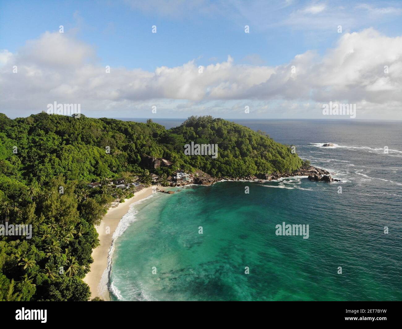 Drone image of Anse Takamaka Beach Seychelles Stock Photo
